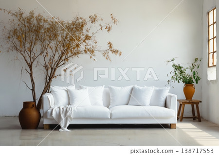 a white sofa, indoor, in front of empty wall background 138717553