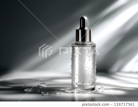 Blank clear glass serum dropper bottle mockup with water droplets under natural sunlight and dramatic shadows. Blank clear glass serum dropper bottle mockup with water droplets under natural sunlight and dramatic shadows. 138717561