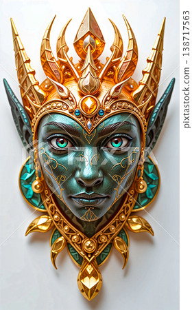 Ornate Fantasy Deity Face with Golden Headdress. Ornate Fantasy Deity Face with Golden Headdress. 138717563