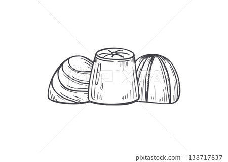 Chocolate candies in hand drawn style. Delicious sweet dessert with dark chocolate, cream vector isolated illustration. Monochrome confectionery for menu design, bakery shop and gourmet food shop 138717837