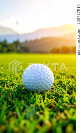 一顆白色的高爾夫球靜靜地躺在綠色的草坪上。 138717916