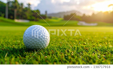 一顆白色的高爾夫球靜靜地躺在綠色的草坪上。 138717918
