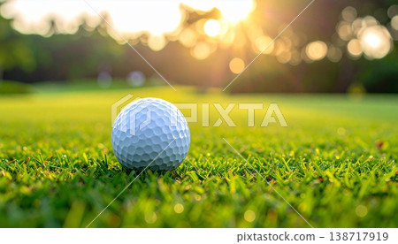 A single white golf ball placed on a green lawn. 138717919