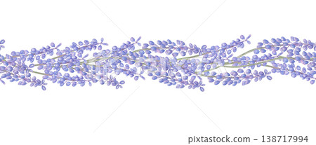Flowering grape hyacinth watercolor seamless floral border on isolated background. Blue flowers on green stems repeating spring pattern for festive greeting card and wedding stationery design. Flowering grape hyacinth watercolor seamless floral border on isolated background. Blue flowers on green stems repeating spring pattern for festive greeting card and wedding stationery design. 138717994