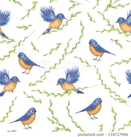 Watercolor seamless pattern with small bluebird and thin green spring branch. Hand drawn illustration of flying and sitting bird for textile print. Nature background for fabric design, children book 138717996