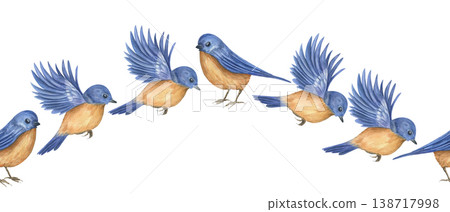 Blue bluebirds in flight and sitting poses seamless banner. Watercolor illustration of small spring birds. Horizontal waving border design with avian wildlife for decoration and festive greeting card. 138717998