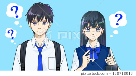 An anime-style illustration of a male or female high school or middle school student in summer clothes who looks confused, lost, or troubled. An anime-style illustration of a male or female high school or middle school student in summer clothes who looks confused, lost, or troubled. 138718013