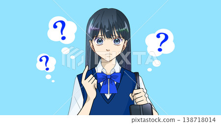 一幅動漫風格的插畫，描繪了一位身著夏裝的女學生，她顯得困惑、迷茫和煩惱。 138718014