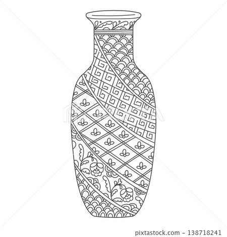Black and white outline antique Asian vase with floral and geometric patterns. Black and white outline antique Asian vase with floral and geometric patterns. 138718241