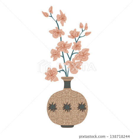 A round oriental vase, brown in color, with an abstract pattern and a branch of flowers. 138718244