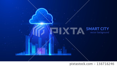 A banner with a cloud illuminating a modern city, in neon blue glowing tones with particles A banner with a cloud illuminating a modern city, in neon blue glowing tones with particles 138718246