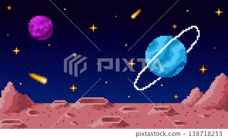 A pixelated space landscape with craters, planets, and a starry sky. 8-bit style. 138718253