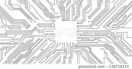 Minimalistic printed circuit board background with black and white lines and dots. 138718255