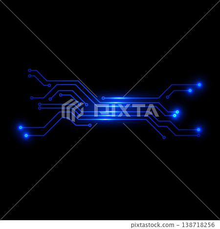 Printed circuit board traces, neon blue glowing lines and dots, on a black isolated background. 138718256