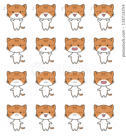 A set of expressions for a tabby cat showing joy, anger, sadness, and happiness. A set of expressions for a tabby cat showing joy, anger, sadness, and happiness. 138718354