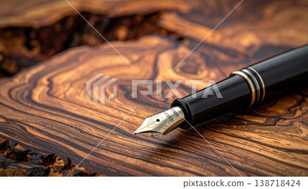 一款高檔鋼筆，筆身背景採用木紋紋理，勾勒出錯綜複雜的輪廓線條。 138718424