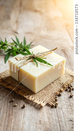 一塊有機肥皂放在一塊亞麻布上。 138718573