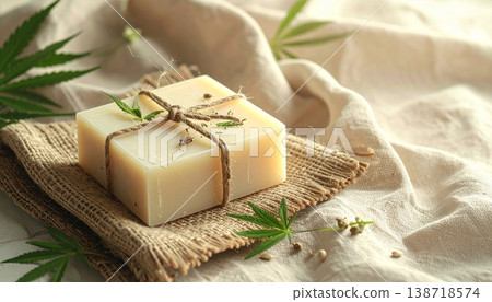 A lump of organic soap placed on a piece of linen. 138718574