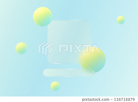 Abstract vector composition with a translucent square glass card, rounded bar, and pastel yellow cyan spheres on a light blue background. Abstract vector composition with a translucent square glass card, rounded bar, and pastel yellow cyan spheres on a light blue background. 138718879