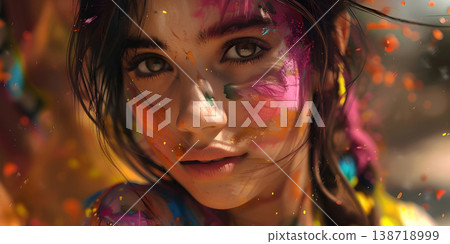 People celebrating the Holi festival with colors, powder, Color in hand, bowls of colors - Ai Generated 138718999