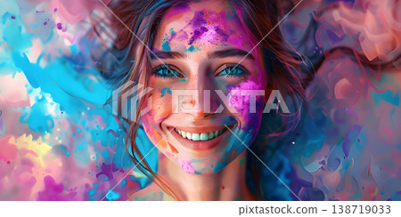 People celebrating the Holi festival with colors, powder, Color in hand, bowls of colors - Ai Generated 138719033
