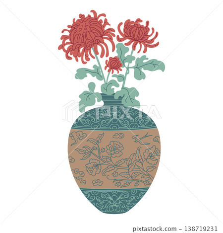Traditional Asian vase with flowers, vector vintage oriental pottery with blue floral ornament, blossom flowers and bird 138719231