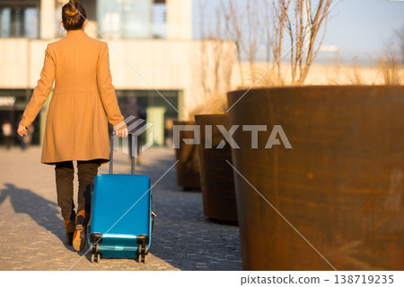 Traveler Pulling Blue Suitcase on Cobblestone Path Traveler Pulling Blue Suitcase on Cobblestone Path 138719235