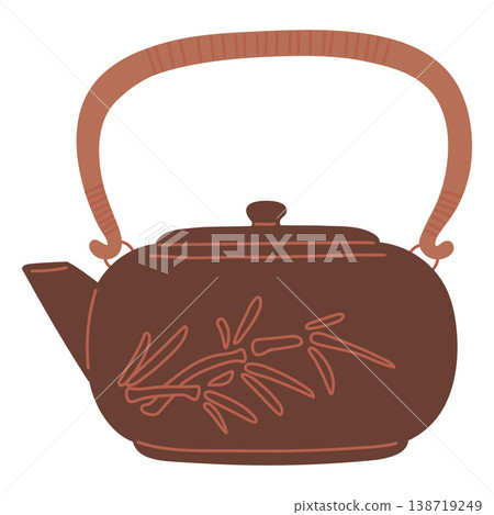Elegant traditional Asian kettle, teapot, vector vintage oriental brown porcelain or clay tableware tree branch drawing 138719249