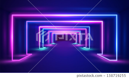 Geometric rectangular glowing lines in neon blue and pink colors, abstract tech background. Geometric rectangular glowing lines in neon blue and pink colors, abstract tech background. 138719255