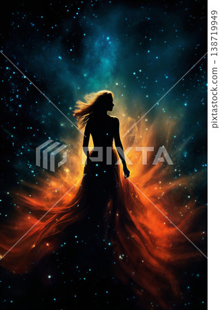 silhouette of a woman against the background of a nebula in space, standing with her back, light effects, stars and galaxy 138719949
