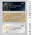 Set of gift vouchers black, gold and white with golden gift on grey background. Copy Space 138720117