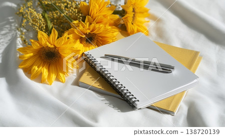 白色背景上的桌上放著一本打開的筆記本和一支筆；向日葵。 138720139