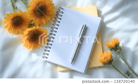白色背景上的桌上放著一本打開的筆記本和一支筆；向日葵。 138720140