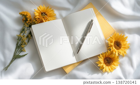 白色背景上的桌上放著一本打開的筆記本和一支筆；向日葵。 138720141