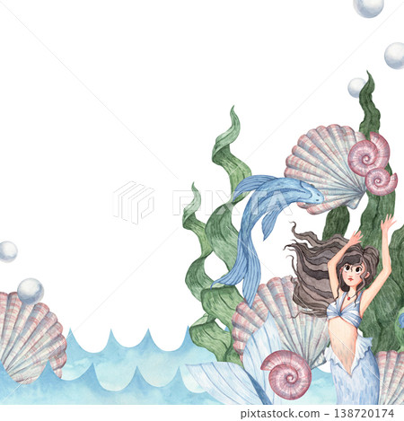 A marine-themed watercolor frame featuring a beautiful mermaid 138720174