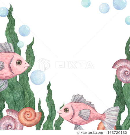 Frame with pink fish, seaweed and shells Frame with pink fish, seaweed and shells 138720180