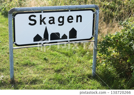 Skagen road sign at the entrance of the city, Denmark 138720266