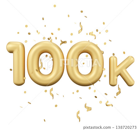 A golden number set displaying one hundred thousand stands out on a plain background. Confetti falls around the numbers, marking a celebration or achievement 138720273