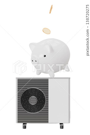 An air heat pump sits on a clean surface with a piggy bank above it. Coins drop into the piggy bank, symbolizing savings in energy costs and efficiency in heating and cooling at home 138720275