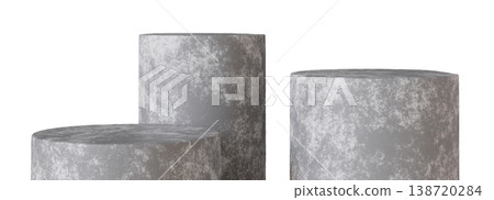 Three concrete podiums are arranged at varying heights on a clear background. These podiums can be used for display, events, or design. Each podium has a unique shape Three concrete podiums are arranged at varying heights on a clear background. These podiums can be used for display, events, or design. Each podium has a unique shape 138720284