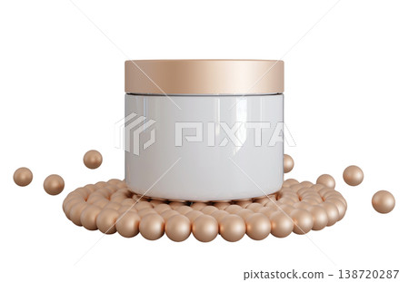 A round cosmetic cream container sits on a circle of decorative beads. The container has a smooth surface and a shiny lid. The scene is set against a clear background 138720287