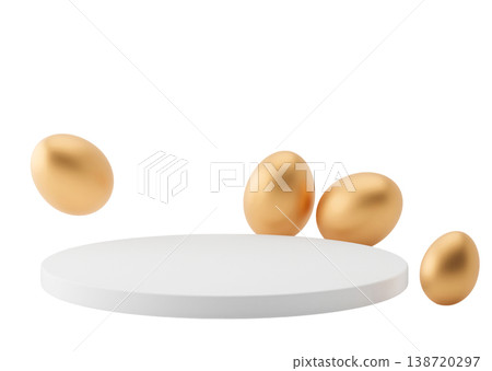 A podium is shown with golden eggs in mid-air, capturing the essence of Easter festivities. The design fits well into spring celebrations and events A podium is shown with golden eggs in mid-air, capturing the essence of Easter festivities. The design fits well into spring celebrations and events 138720297