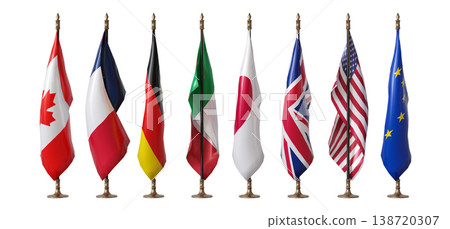 Flags from G7 countries stand tall and are cut out against a clear background. Each flag displays unique colors and symbols. This scene highlights international representation Flags from G7 countries stand tall and are cut out against a clear background. Each flag displays unique colors and symbols. This scene highlights international representation 138720307