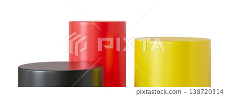 Three distinct podiums in black, red, and yellow are cut out and isolated against a clear background. These podiums can be used for various events or presentations 138720314