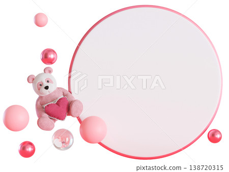 A cute teddy bear holds a pink heart near colorful circles on a white background. The scene looks fun and playful, with soft colors. This setup can be used for celebrations or events 138720315