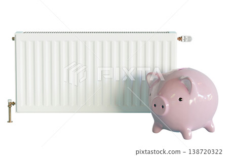 A white radiator stands on one side while a pink piggy bank sits next to it. Both objects are isolated and clearly visible against the background 138720322