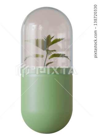 A homeopathy pill is shown with a plant inside, cut out on a clear background. The focus is on the green pill shape and the plant showing benefits of natural remedies 138720330
