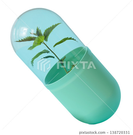 A capsule is shown in a three dimensional form with a small plant emerging from inside. The capsule has a green color and the scene is isolated on a clear background A capsule is shown in a three dimensional form with a small plant emerging from inside. The capsule has a green color and the scene is isolated on a clear background 138720331
