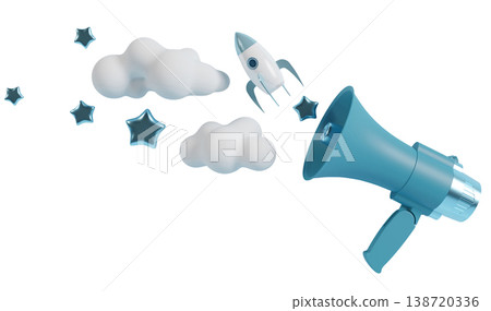 A boy theme cutout shows a megaphone in blue color. Clouds and stars surround the megaphone. A small rocket also appears in the scene. The elements float freely in the space A boy theme cutout shows a megaphone in blue color. Clouds and stars surround the megaphone. A small rocket also appears in the scene. The elements float freely in the space 138720336