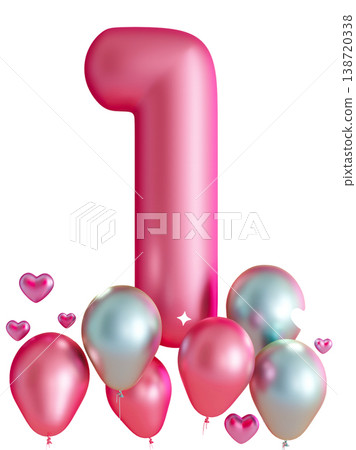 The design features a large pink number one surrounded by colorful balloons and heart shapes. This cut-out element is ideal for birthday events or special occasions The design features a large pink number one surrounded by colorful balloons and heart shapes. This cut-out element is ideal for birthday events or special occasions 138720338